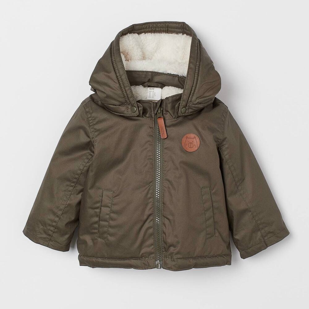 H&M Dark Khaki Green Hooded Faux Shearling Lined Jacket Size 2T